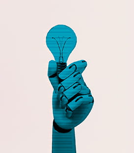 Illustration of an arm holding a light bulb within a mobile phone frame.